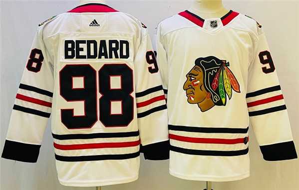 Men%27s Chicago Blackhawks #98 Connor Bedard White Black Stitched Jersey